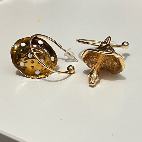 Gold Mushroom Fun Cottagecore metal Hoop Earrings - Picture 3 of 4